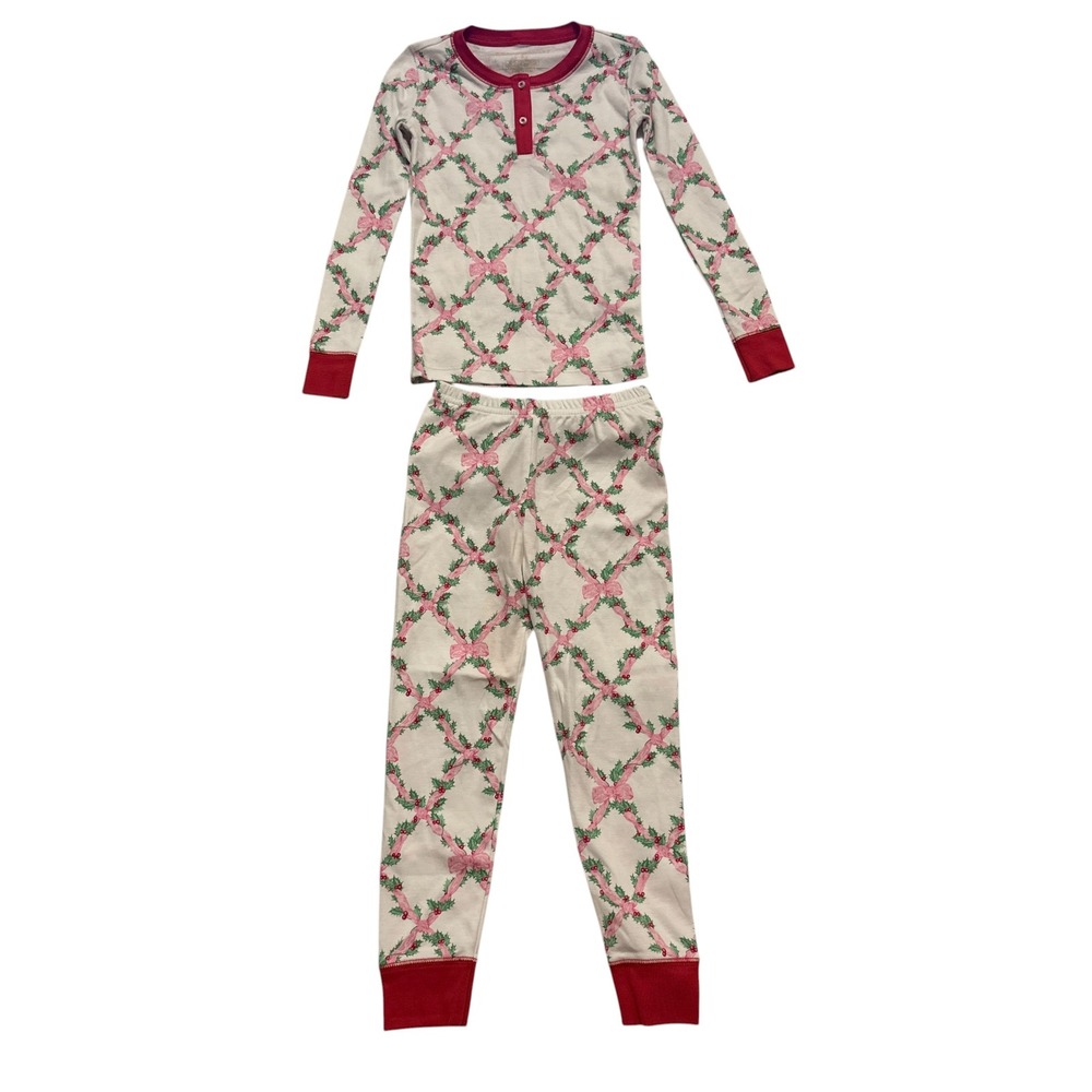 NWT The Beaufort Bonnet Company Kids Pink Bow Holly Christmas Pajamas Set Size 6